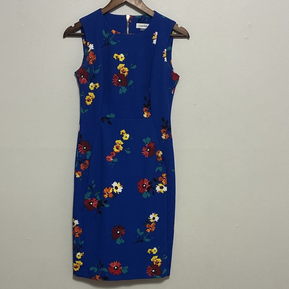 Calvin Klein Womens Blue Floral Print Sleeveless Sheath Dress Sz 4 Midi *Flaw